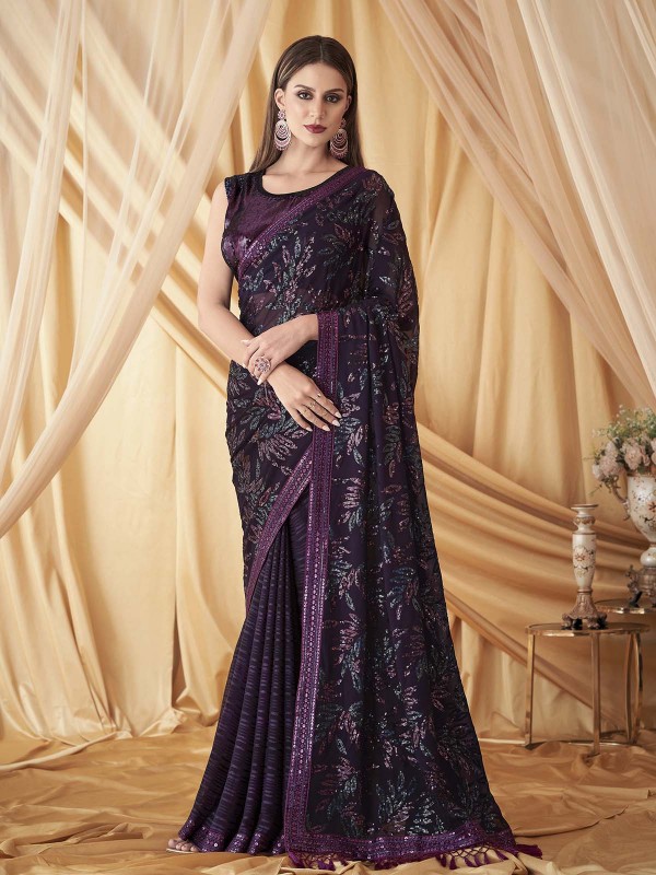 Deep Wine Shimmer Georgette Silk Saree